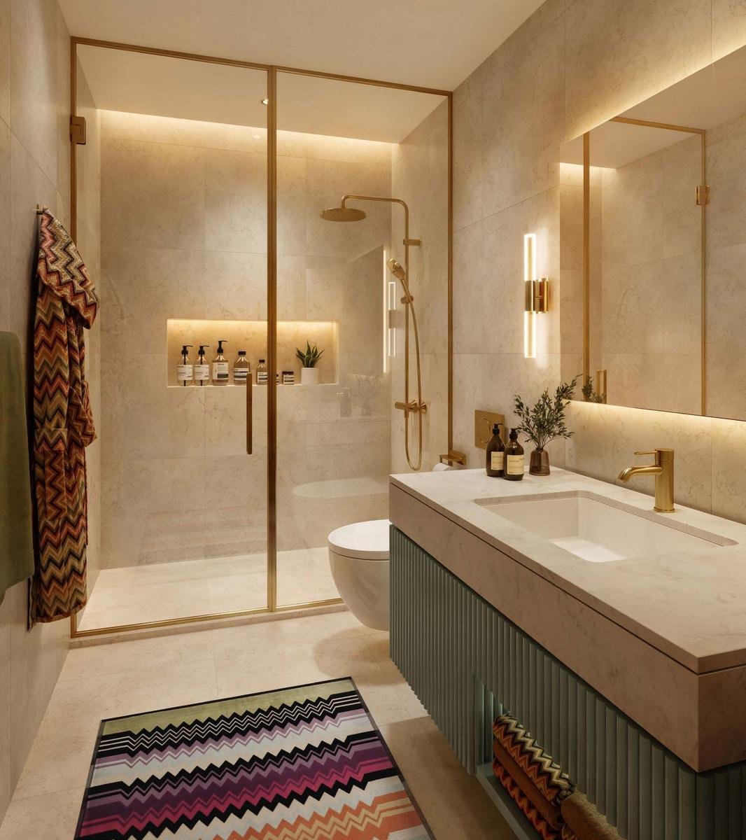 Bathroom with warm ivory porcelain