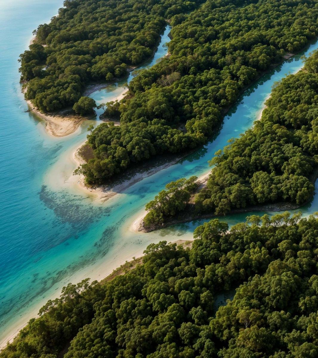 Aerial view of mangroves and turquoise water around Al Reem Island