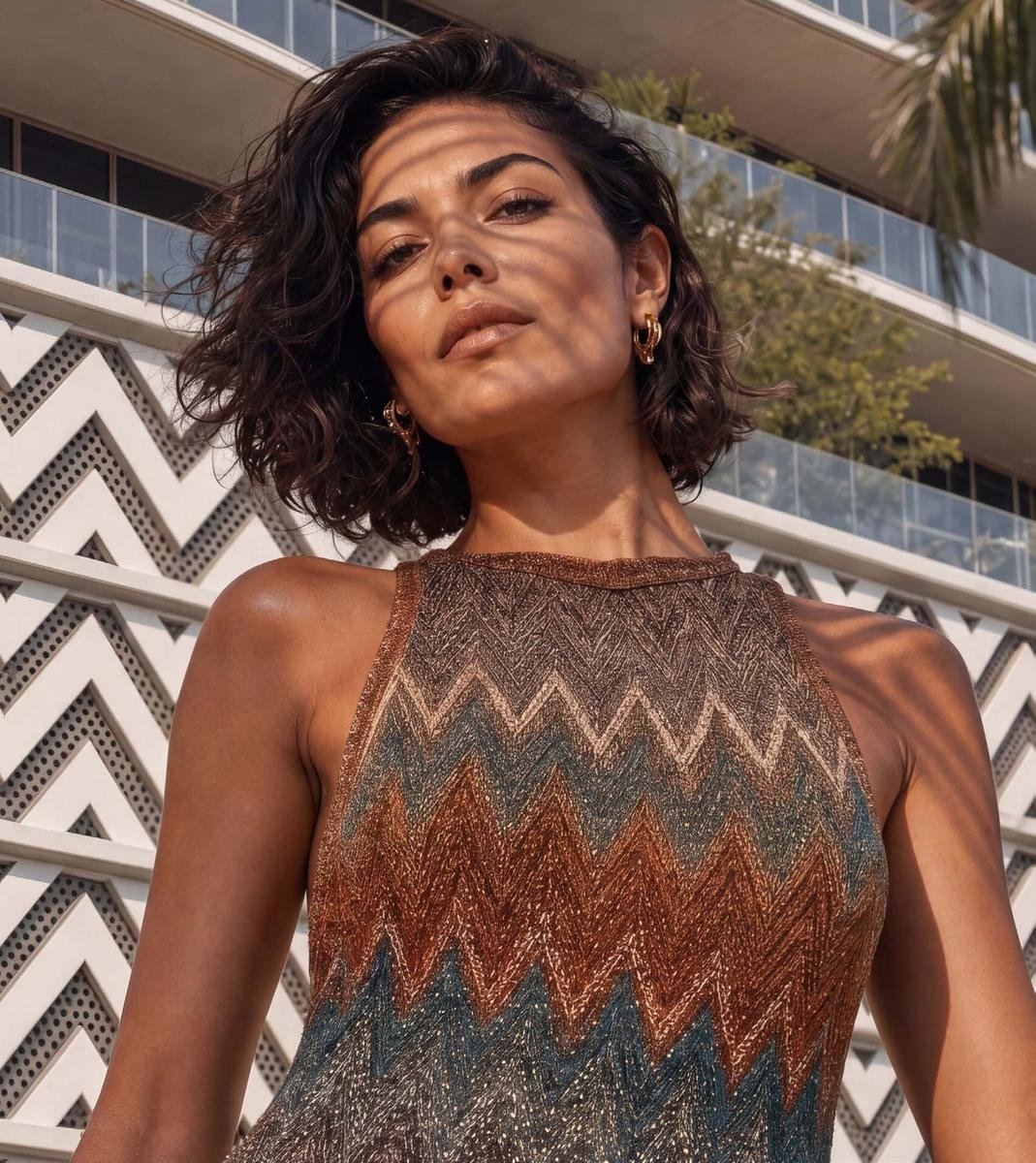Missoni zigzag knit against the tower facade