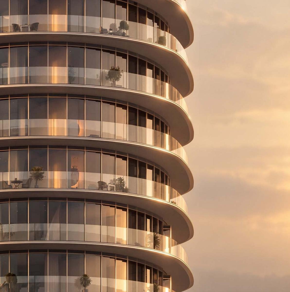 Curved balconies of the tower at sunset